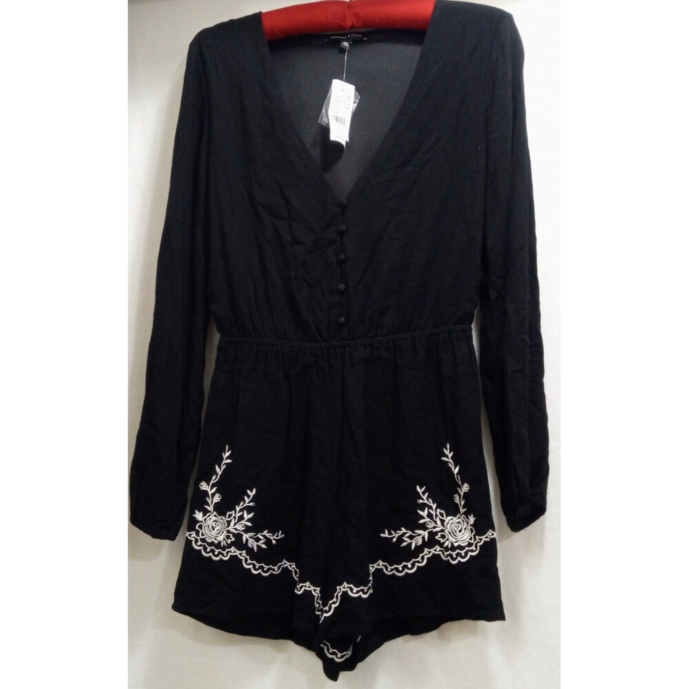 Kendall & Kylie Size X-Small Romper Black White Long Sleeves Embroidered Flowers